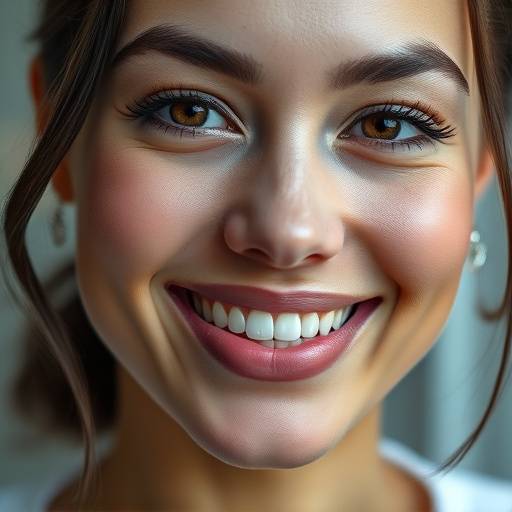 BR Close-up de um retrato profissional, mostrando detalhes da iluminaäão e foco no rosto de uma modelo sorrindo suavemente.<BR>
