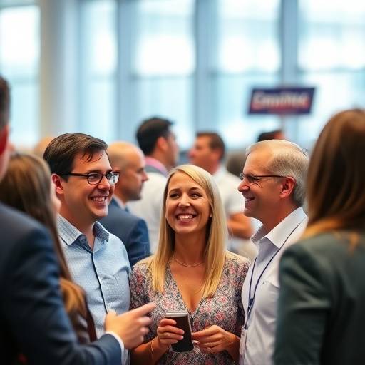 BR Fotografia de um evento corporativo com pessoas interagindo e sorrindo.<BR>