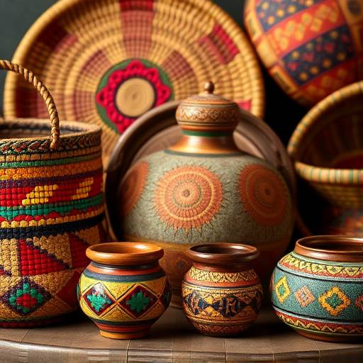 BR Fotografia detalhada de produtos artesanais da Amazônia, como cestos de palha e cerâmicas, com foco na textura e cores vibrantes em um ambiente de estüdio.<BR>